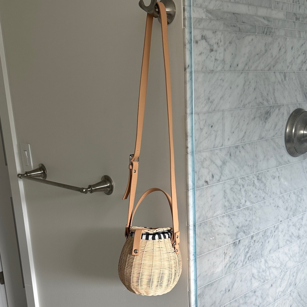 Zara Basket Crossbody Top Handle Rattan Bag Vegan Leather Trim